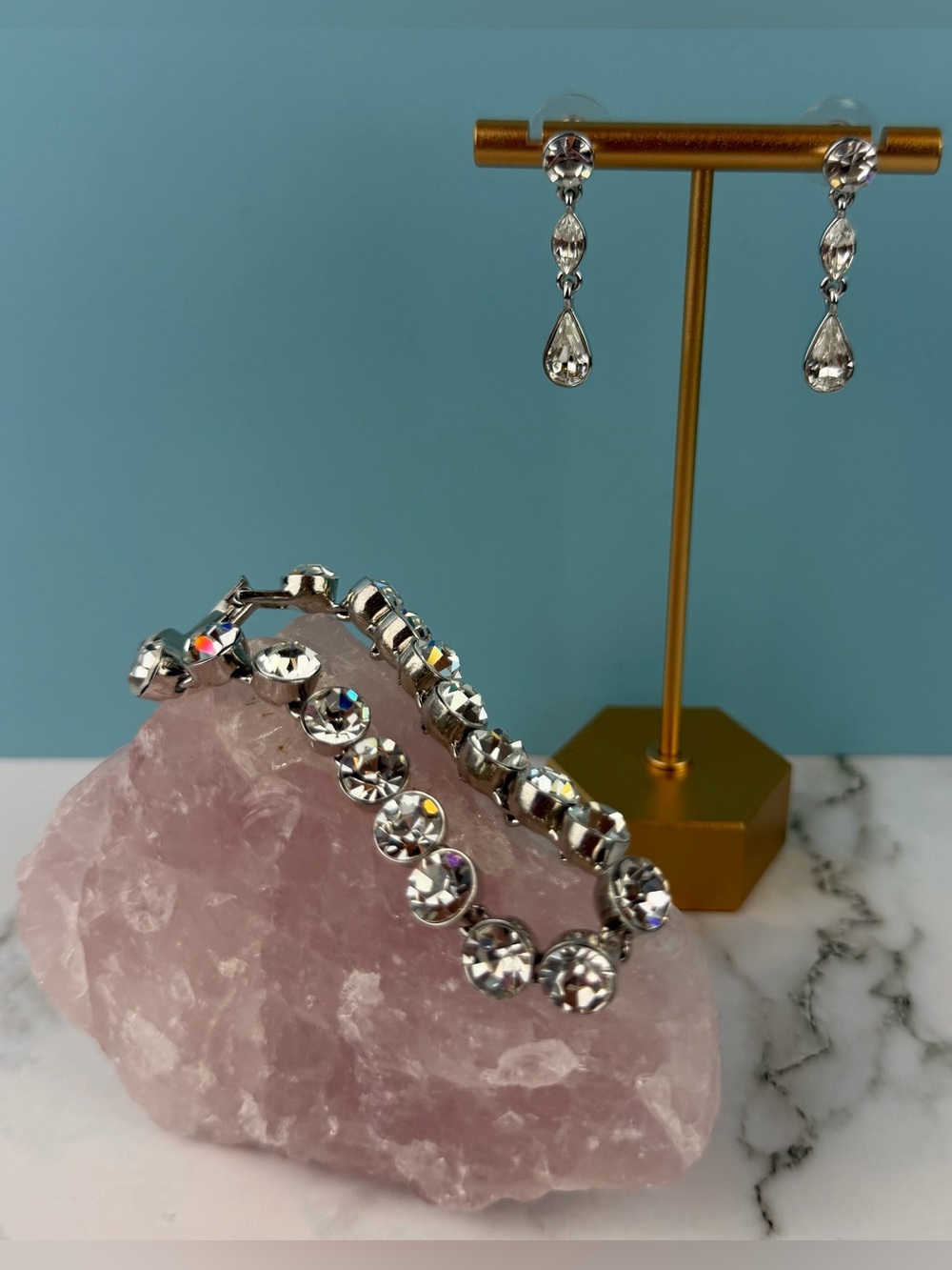 Givenchy Crystal Tennis Bracelet & Drop Earrings Set Silver Tone Bridal Formal